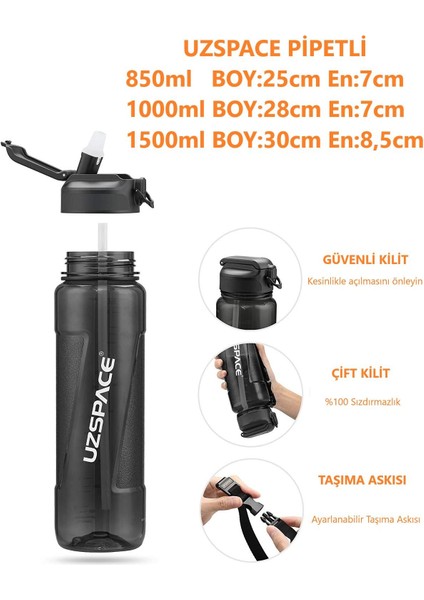 Pipetli Büyük Boy- Tritan Su Matarası 1000 ml