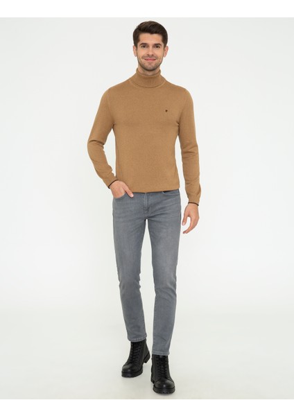 Erkek Camel Melanj Slim Fit Balıkçı Yaka Basic Triko Kazak 50248583-VR122