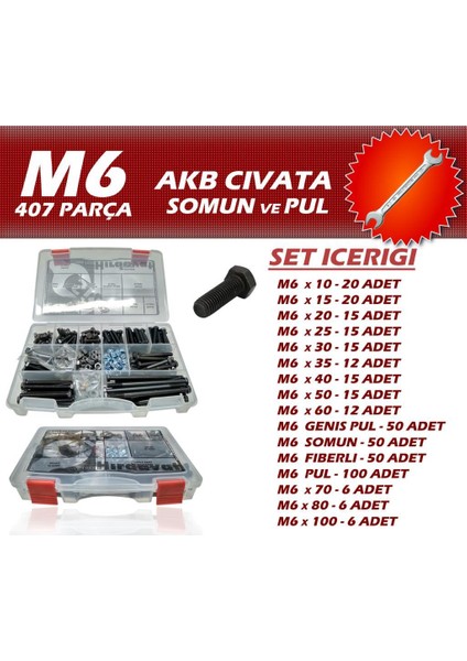 407 Parça M6 Akb Cıvata Seti + 8-10 Açık Ağızlı Anahtar