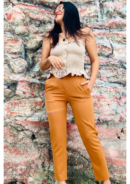 Zara Model Taba Atlas Kumaş Pantolon