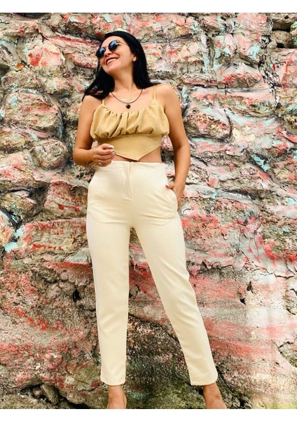 Zara Model Krem Atlas Kumaş Pantolon