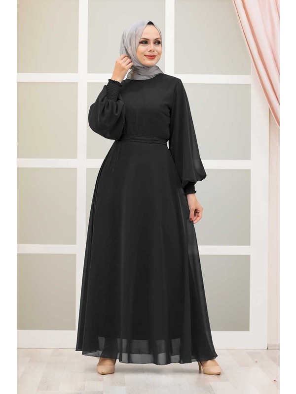Neva Style -Balon Kol Siyah Tesettür Elbise 20550S