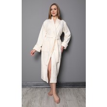 Nuşa Krem Şal Yaka Eteği Jakarlı Bambu Pamuklu Bayan Bornozu