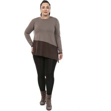 Disentis Modest Büyük Beden Asimetrik Kesim Tek Taraftan Yırtmaç Detaylı Yün Viskon Vizon Kahverengi Bluz