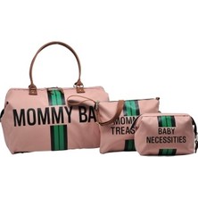 Babysi   Mommy  Bag  Exclusive Tasarım Çizgili  3 Lü Set Pudra Baby Anne Bebek Bakım ve Kadın Çantası