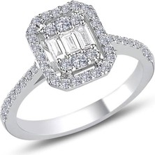 925 Ayar Gümüş Rodyum Kaplama Baget Taşlı Dikdörtgen Tasarım Yüzük – Zarif ve Şık Günlük/Tasarım Takı