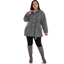 Disentis Modest Büyük Beden Robalı Yanları Yırtmaçlı Fleto Cepli Kuşaklı Kaşe Gri Ceket