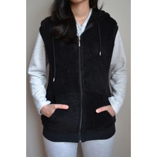 Jülyet Giyim Kadın Yumuşak Peluş Lastikli Bel Kısa Boy Kapüşonlu Fermuarlı Cepli Büyük Beden Siyah Sabahlık Yelek