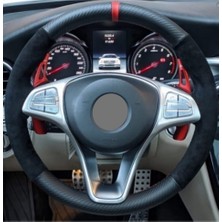 Gürler Oto Aksesuar Alkantra Karbon Dikmeli Direksiyon Kılıfı Kırmızı Yüzüklü-Kırmızı Ipli