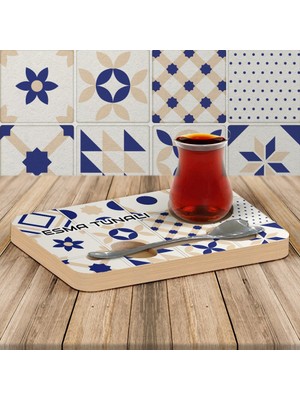 BK Kişiye Özel Çini Motifli Kalp Kaşıklı Ahşap Çay Sunum Tabağı - 10