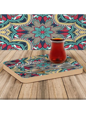 BK Kişiye Özel Çini Motifli Kalp Kaşıklı Ahşap Çay Sunum Tabağı - 2