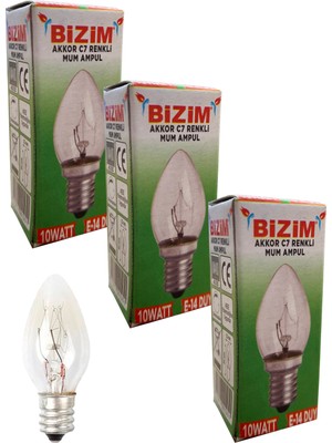 Bizim 3 Adet 10 Waat E14 Duy Renkli Şeffaf C7 Mum Ampül Sarı