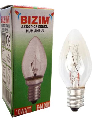 Bizim 10 Waat E14 Duy Renkli Şeffaf C7 Mum Ampül Sarı