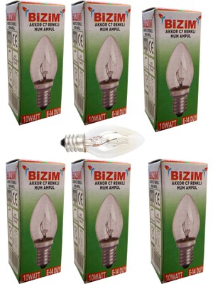 Bizim 6 Adet 10 Waat E14 Duy Renkli Şeffaf C7 Mum Ampül Sarı