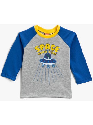 Koton Uzay Baskılı Uzun Kollu Tişört Bisiklet Yaka