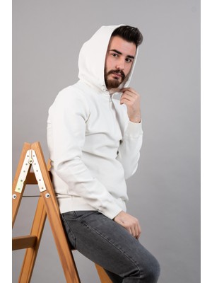 Akçaylar Slimfit Kapşonlu Erkek Spor Beyaz Sweatshirt