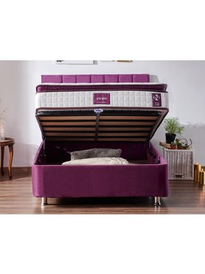 Niron Purple Baza ve Başlık Seti 120x200 cm Tek Kişilik Sandıklı Mor Kumaş Metal Profil Baza ve Başlığı