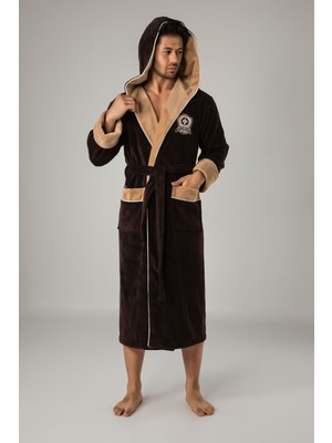 Nuşa Krem  Kapüşonlu Sports Nakışlı Bambupamuklu Erkek Bornozu