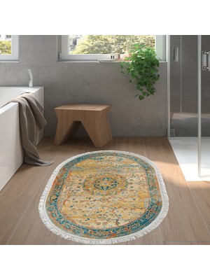 Alanur Home Eko Trend Djt Banyo Paspası Yıkanabilir Kaymaz Taban P1356 Oval Vintage Turkuaz
