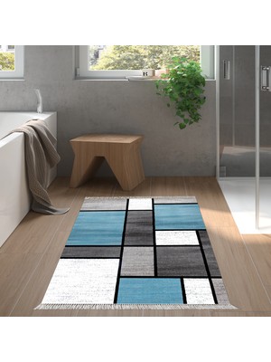 Alanur Home Eko Trend Djt Banyo Paspası Yıkanabilir Kaymaz Taban S5044 Geometrik Mavi