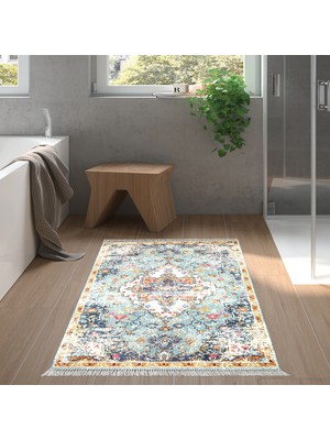 Alanur Home Eko Trend Djt Banyo Paspası Yıkanabilir Kaymaz Taban M12290 Vintage Mavi