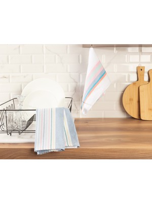 Madame Coco Jeanne 2'li Yıkamalı Mutfak Havlu Seti - Beyaz / Mavi