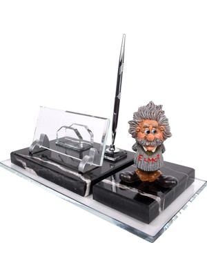 CLK İsme Özel Kabartma Albert Einstein Biblolu Gümüş Mermer Masasütü İsimlik Siyah
