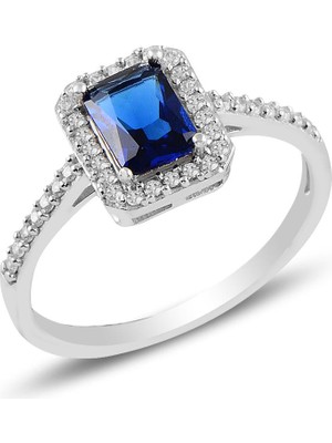 Söğütlü Silver Gümüş 925 Ayar Rodyumlu Pırlanta Montürlü Safir Taşlı Yüzük