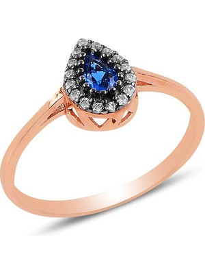 Söğütlü Silver Damla Yüzük 925 Ayar Gümüş Elmas Montürlü Safir Taşlı Şık Tasarım