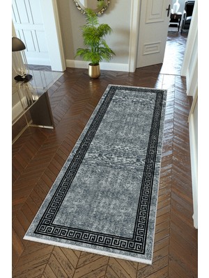 10 Post Online Yolluk Klasik Gri Siyah Kaymaz Kesme Yıkanabilir Ince Dijital Baskı Koridor Halısı