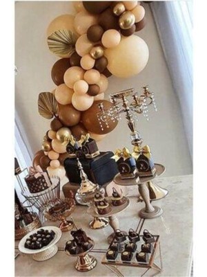 Trend Hediye Sepeti 100 Adet Pastel Sütlü Kahve  Karamel  Krom Gold Balon ve 5 m Balon Zinciri