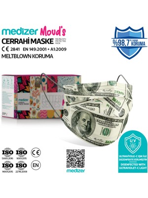 Medizer Meltblown Dolar Desenli Cerrahi Maske 50'li