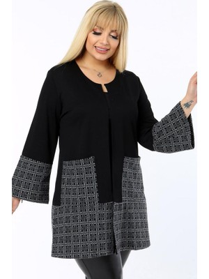 Kheos Kadın Yakasız Cepli Hırka %95 Pamuk Uzun Kol Ekose Desenli Çift Renk Bloklu Tasarım