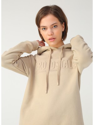 Aeropostale Charlot Kapüşonlu Uzun Kollu  Standart Kalıp Baskılı Açık Bej Kadın Sweatshirt