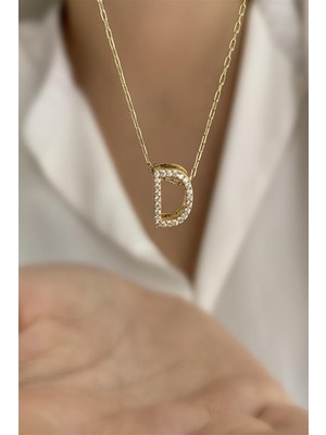 Asurlu 925 Ayar Üç Boyutlu Zirkon Taşlı D Harfli Kolye