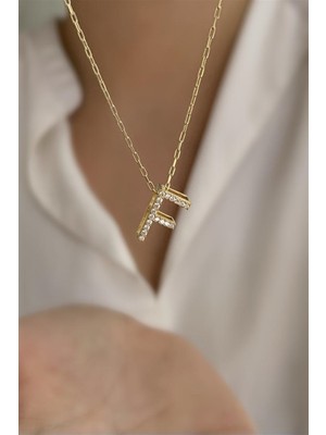 Asurlu 925 Ayar Üç Boyutlu Zirkon Taşlı F Harfli Kolye