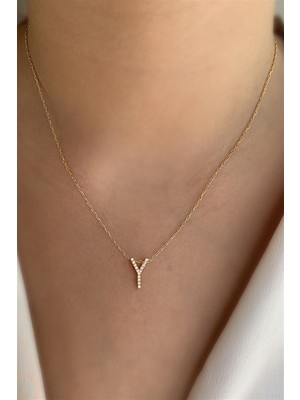 Asurlu 925 Ayar Üç Boyutlu Zirkon Taşlı Rose Y Harfli Kolye Uzunluk 45 cm