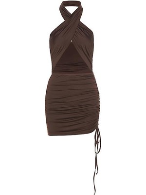 BDZ Mall Kadın Halter Yaka Mini Elbise - Kahverengi (Yurt Dışından)