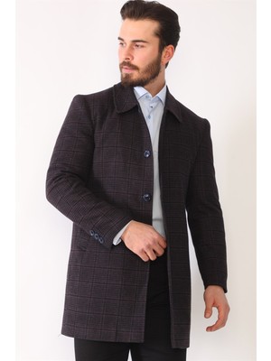 Dewberry PLT8364 Erkek Palto Bordo Ekose Yün Orta Kalınlık 3XL Uzun Kol Astarlı