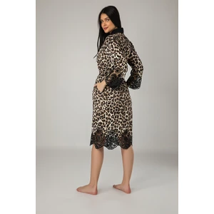 Kimono Leopar Desen Etek Kol Dantel Saten Bayan Sabahlık