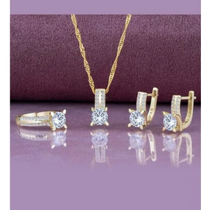 Else Silver Singapur Zincirli Mekik Tırnaklı Gümüş Tek Taş Takı Seti - Else Silver - 12 - ADS2530-ALTIN Kaplama-12