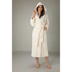 Pudra Göğüs Taç Nakışlı Bambu Pamuklu Bayan Bornozu