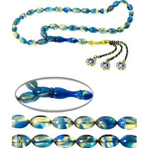 Tesbih Atölyesi Mavi Renkli Yoğun Hareli Mineli Püsküllü Sıkma Kehribar Tesbih