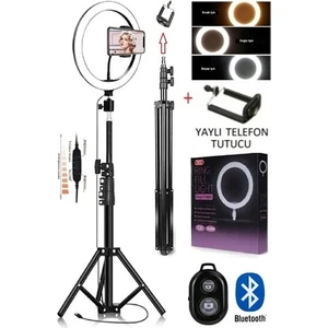 Bluetooth Kumandalı 10"inç LED Işıklı Halka + Yaylı Telefon Tutacağı 2.10 cm Tripod Siyah
