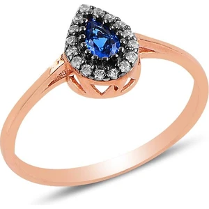 Söğütlü Silver Gümüş Elmas Montürlü Safir Taşlı Damla Yüzük