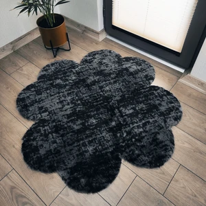 Lagom Life Desenli Siyah Yonca Peluş Halı Dekoratif Oda Halısı Kaymaz Taban Pofuduk