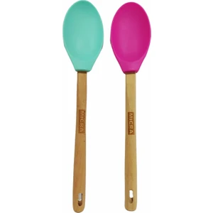 Ahşap Saplı Yanmaz Yapışmaz Silikon Kaşık Spatula  2'li Set , 32 cm