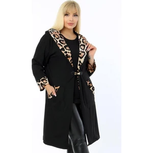 Leopar Desenli Kapüşonlu Devrik Yaka Cepli Uzun Hırka