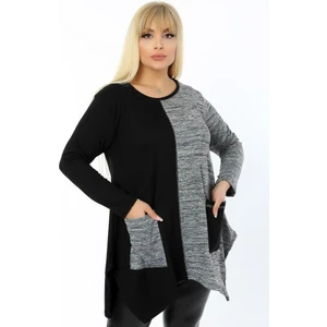 Yuvarlak Yaka Asimetrik Çift Renk Cepli Uzun Kol Tunik