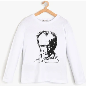 Atatürk ve Imza Baskılı Uzun Kol Beyaz Tshirt
